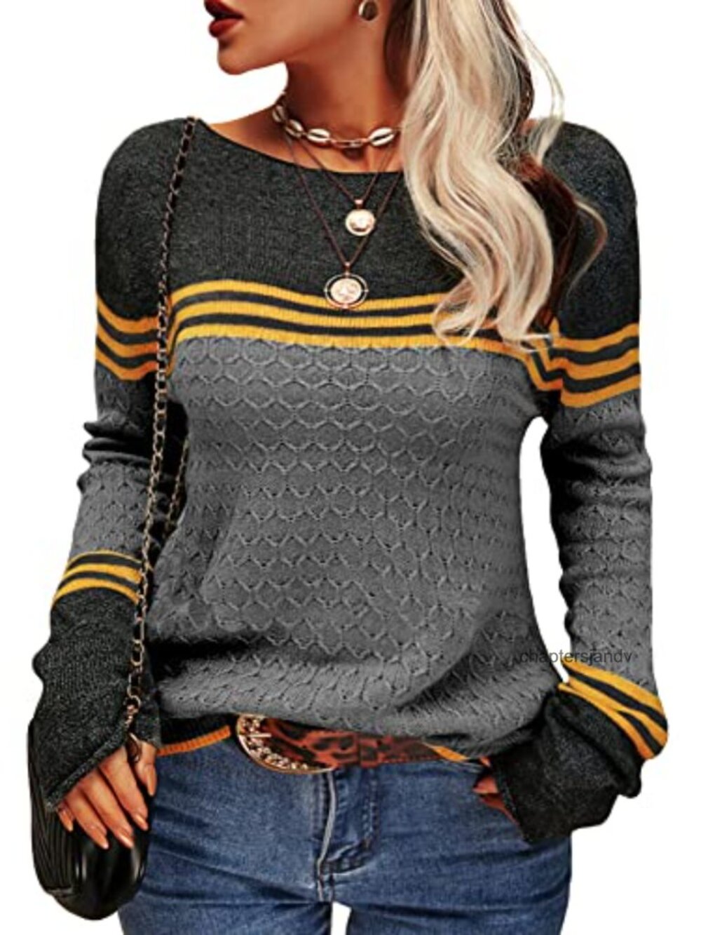 Womens Lightweight Striped Crewneck Pullover Sweater Fall Winter